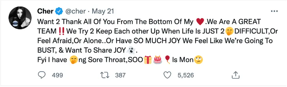 Screenshot of Cher’s Twitter feed filled with emojis