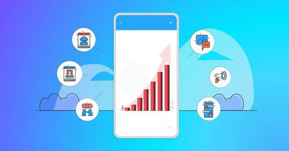 Mobile handset graphic with bar chart showing bars increasing and message bubbles
