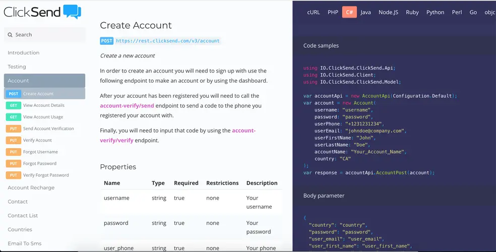 ClickSend three-column documentation layout