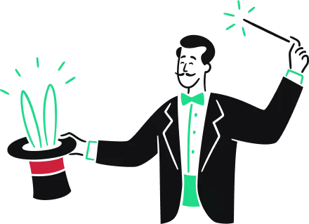 CTA hero graphic of a magician with a rabbit in a hat and a wand