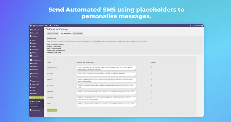 ClickSend WooCommerce plugin screenshot in Wordpress