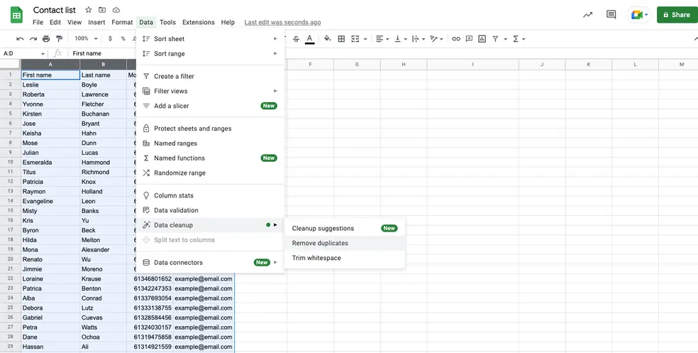 Screenshot showing remove duplicates feature in Google Sheets