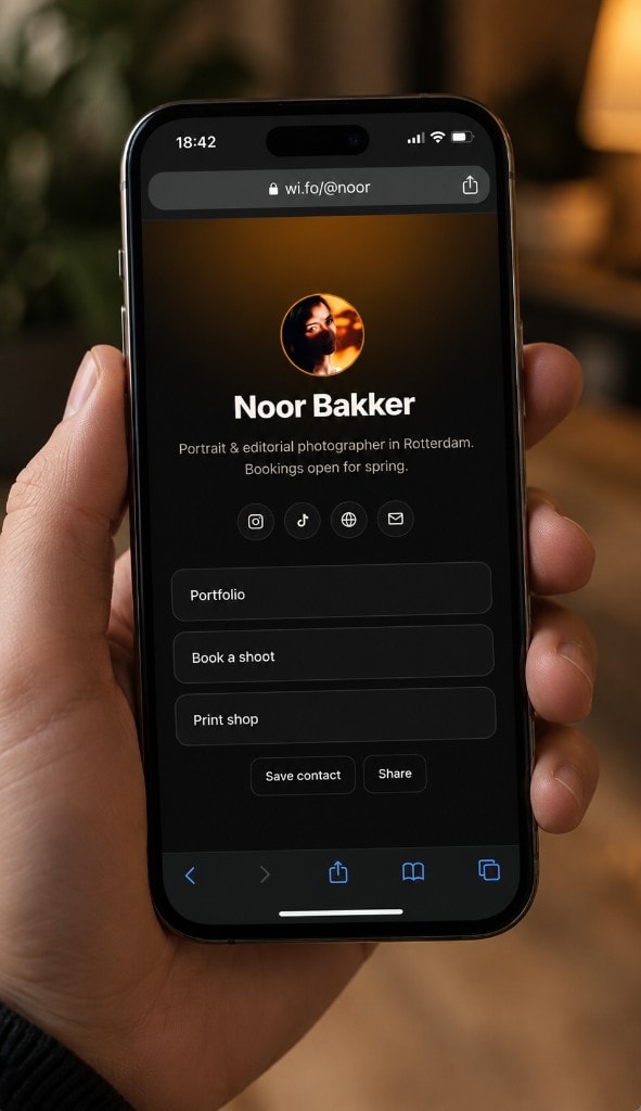 A hand holding a phone open to Noor’s wi.fo profile