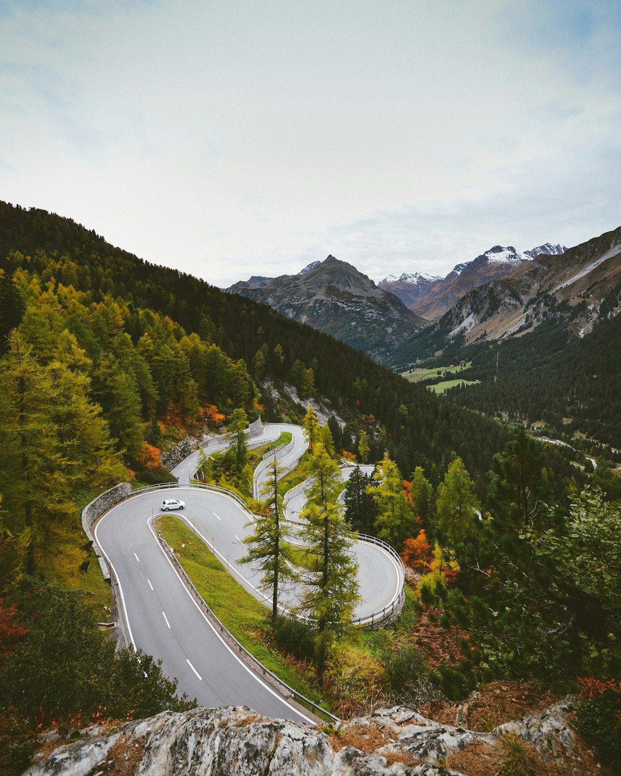 Serpentinen einer Passstraße durch herbstlichen Lärchenwald, dahinter die Berge