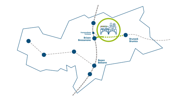 Umrisskarte Südtirols mit dem Bahnnetz und der neuen Verbindung zwischen Franzensfeste, Brixen und Bruneck