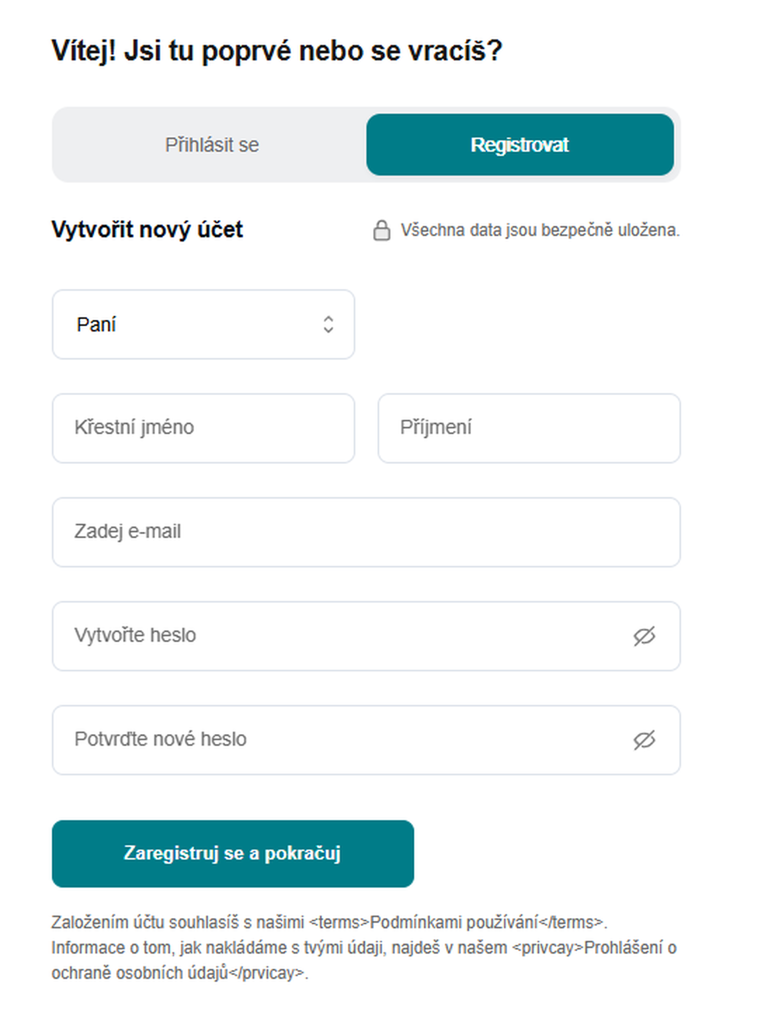Snímek obrazovky registrační stránky