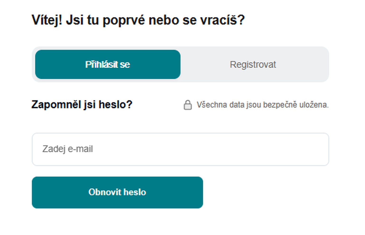Snímek obrazovky pro obnovení hesla