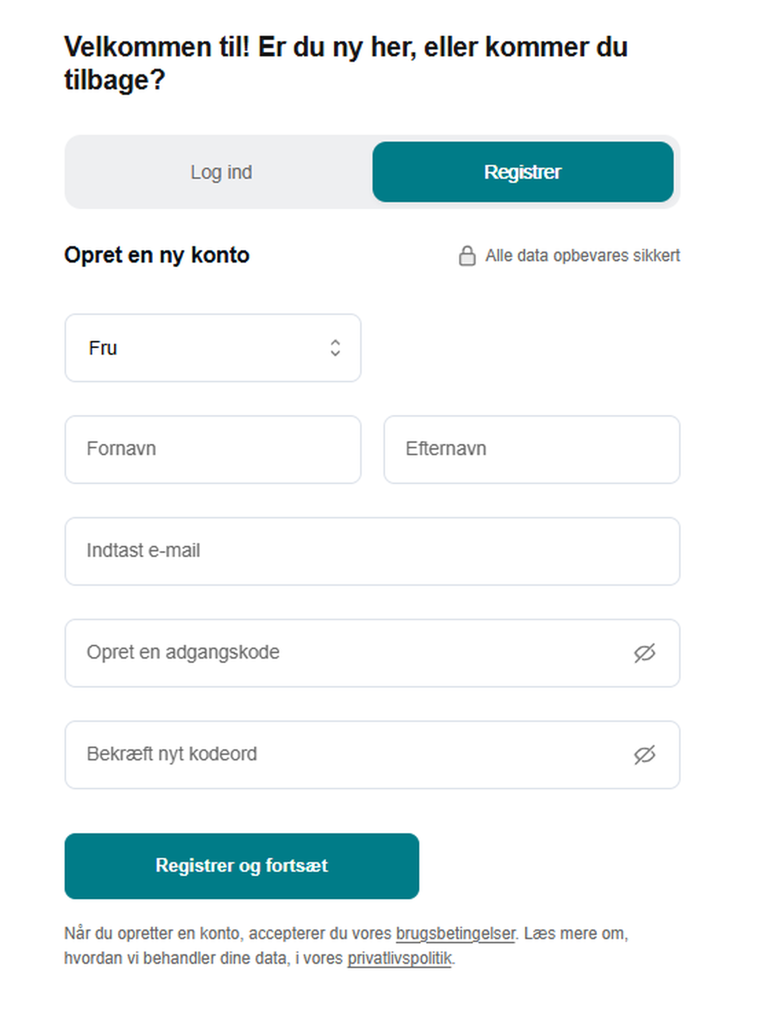 Skærmbillede af registreringsside