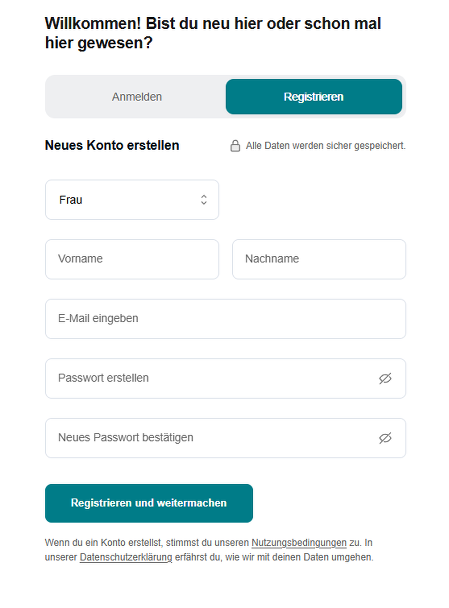 Screenshot der Registrierungsseite