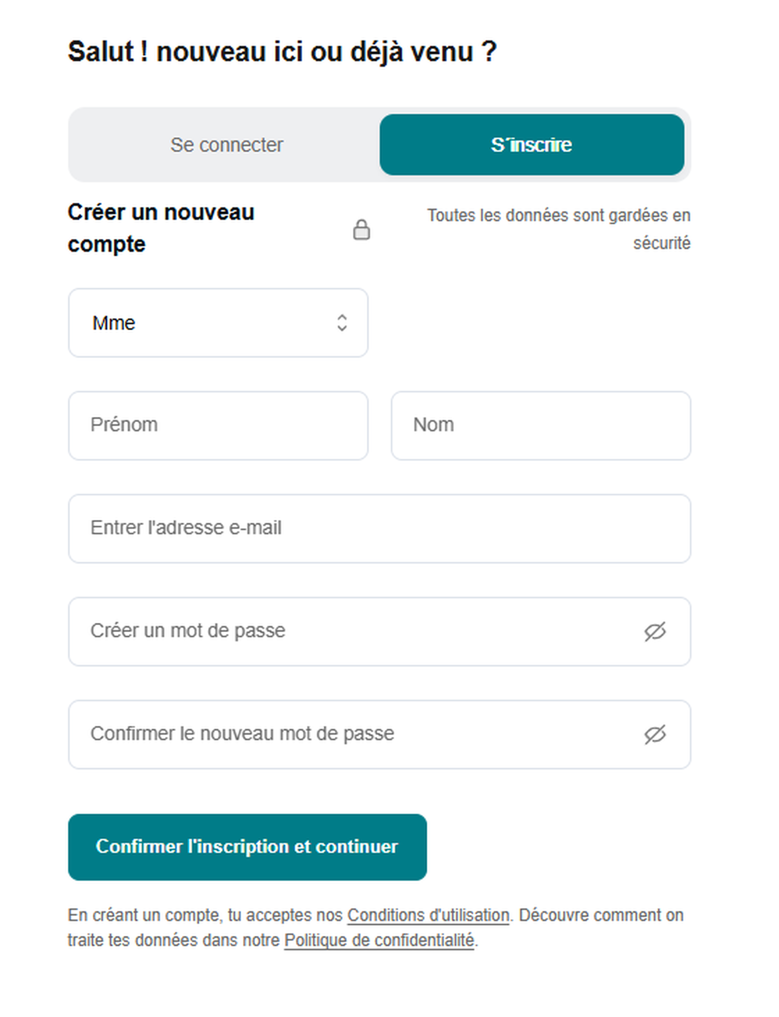 Capture d’écran de la page d’inscription