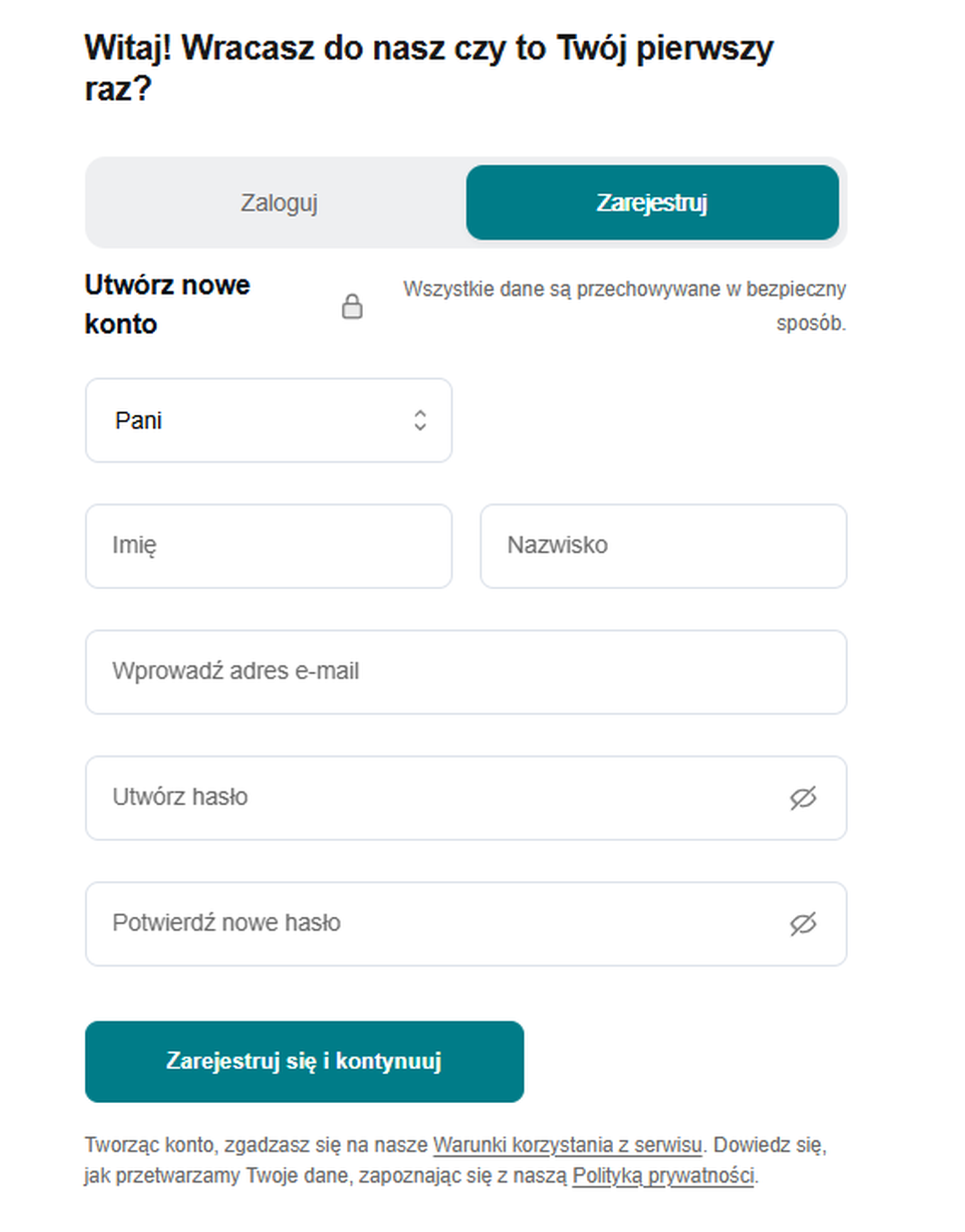 Zrzut ekranu strony rejestracji