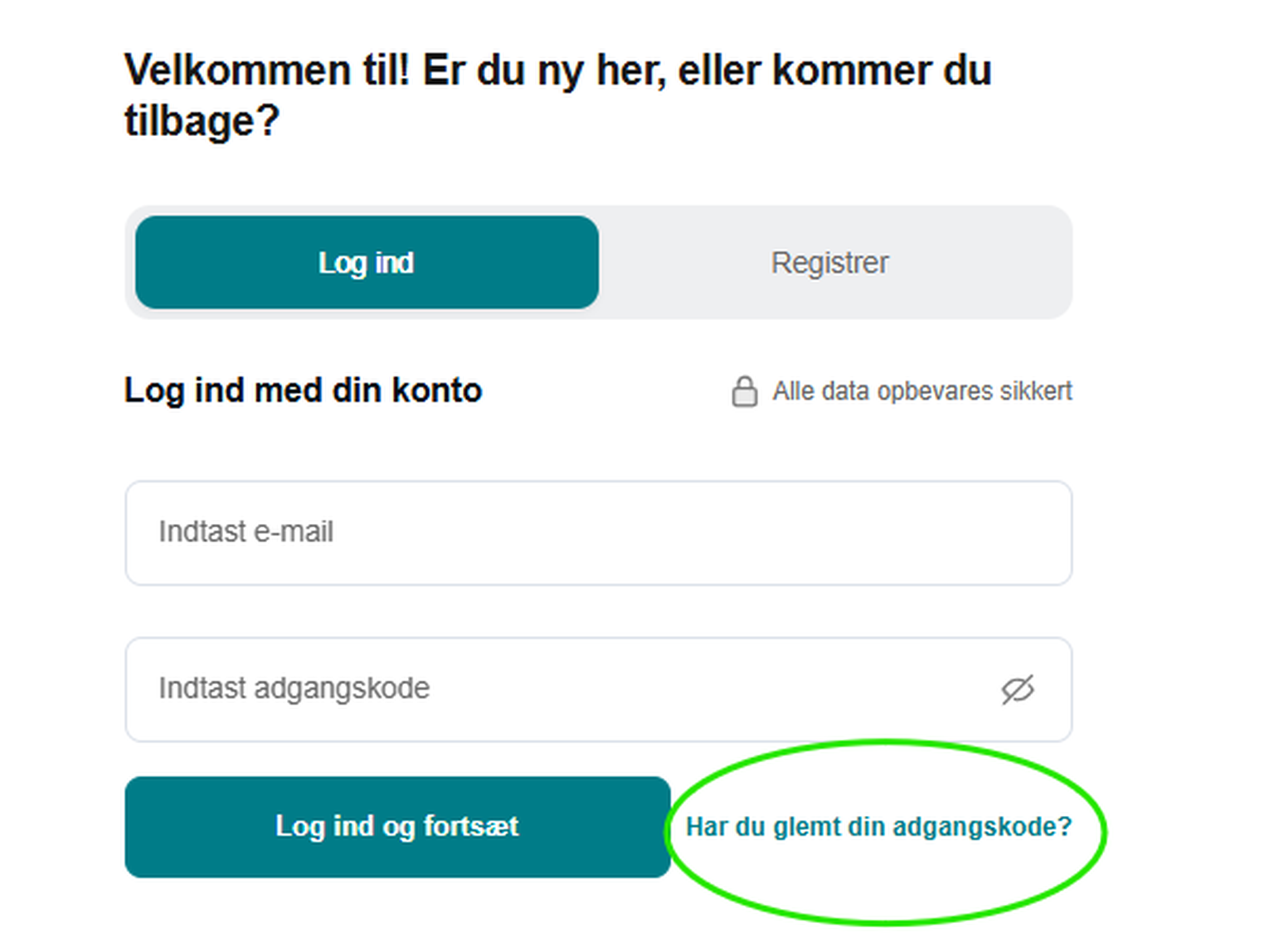 Skærmbillede af nulstilling af adgangskode