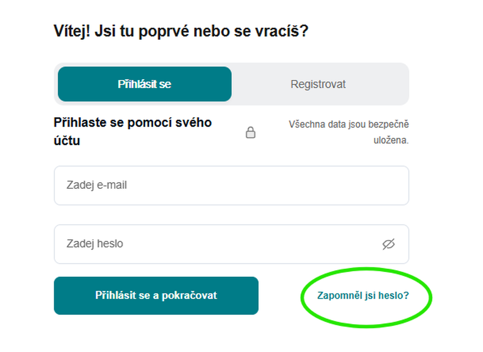 Snímek obrazovky pro obnovení hesla