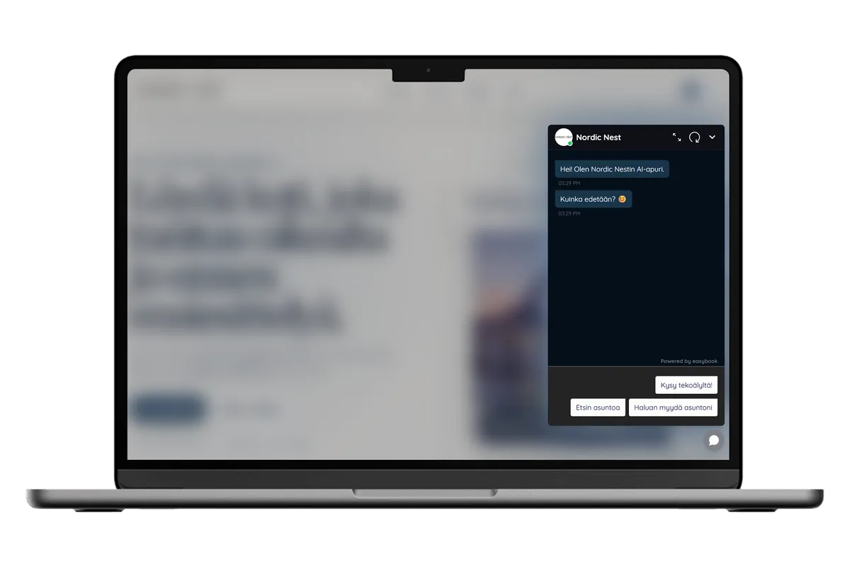 Easybookin popup-chatbot verkkosivuston kulmassa kannettavalla tietokoneella