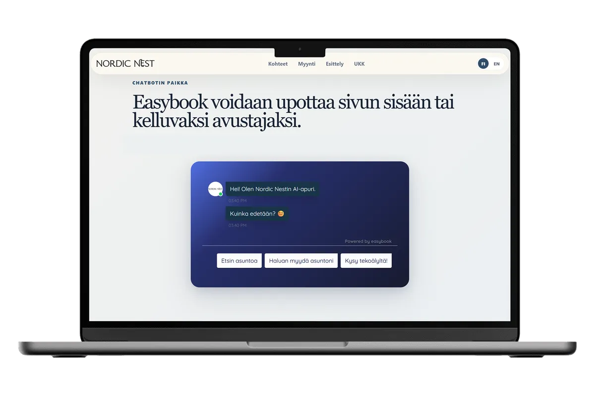 Easybookin AI-chatbot upotettuna suoraan verkkosivun sisältöön