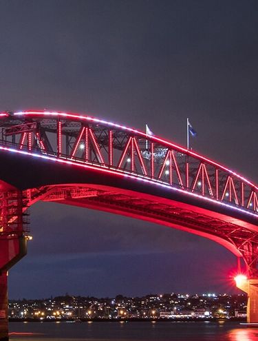 Image of the Auckland Harbour Bridge with pink and red lights at night, with the Auckland cityscape in the background