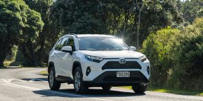 Image of a white Toyota RAV4 Hybrid on a bush-lined road