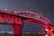 Image of the Auckland Harbour Bridge with pink and red lights at night, with the Auckland cityscape in the background