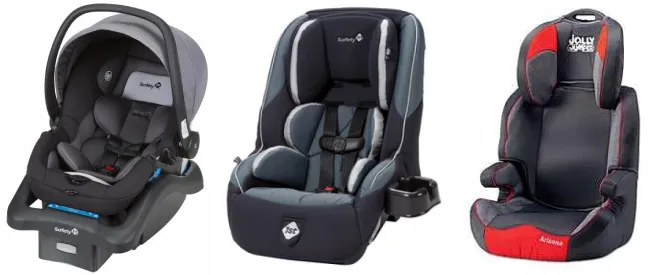 Three rental child restraints side by side on white: a rear-facing baby capsule, a forward-facing child seat and a booster seat
