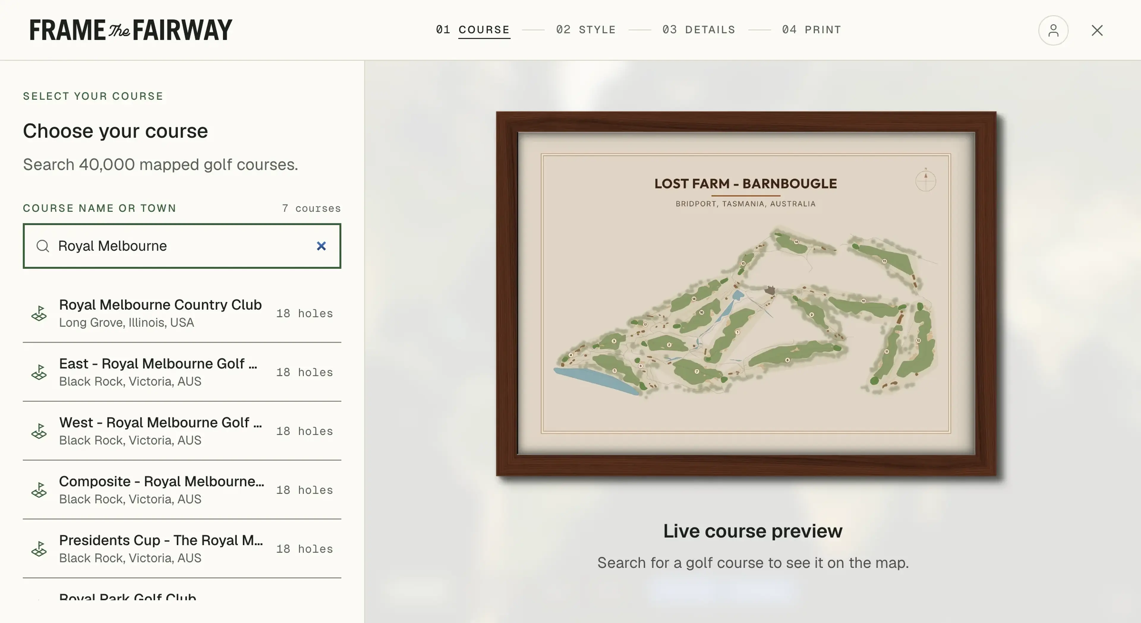 The course step of the editor: a search for Royal Melbourne, with every matching course listed