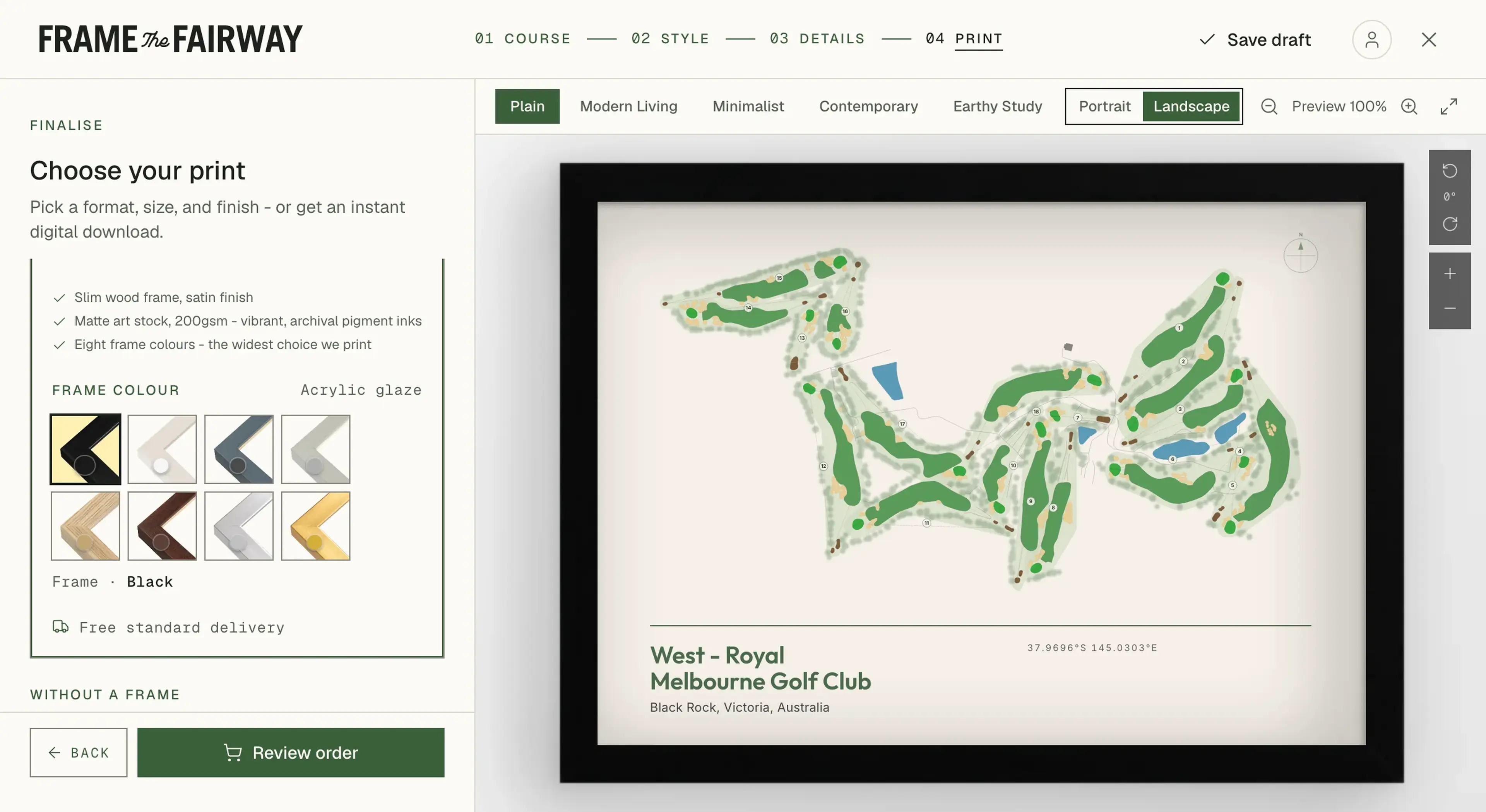 The print step of the editor: West at Royal Melbourne in a Black frame, with the eight frame colours