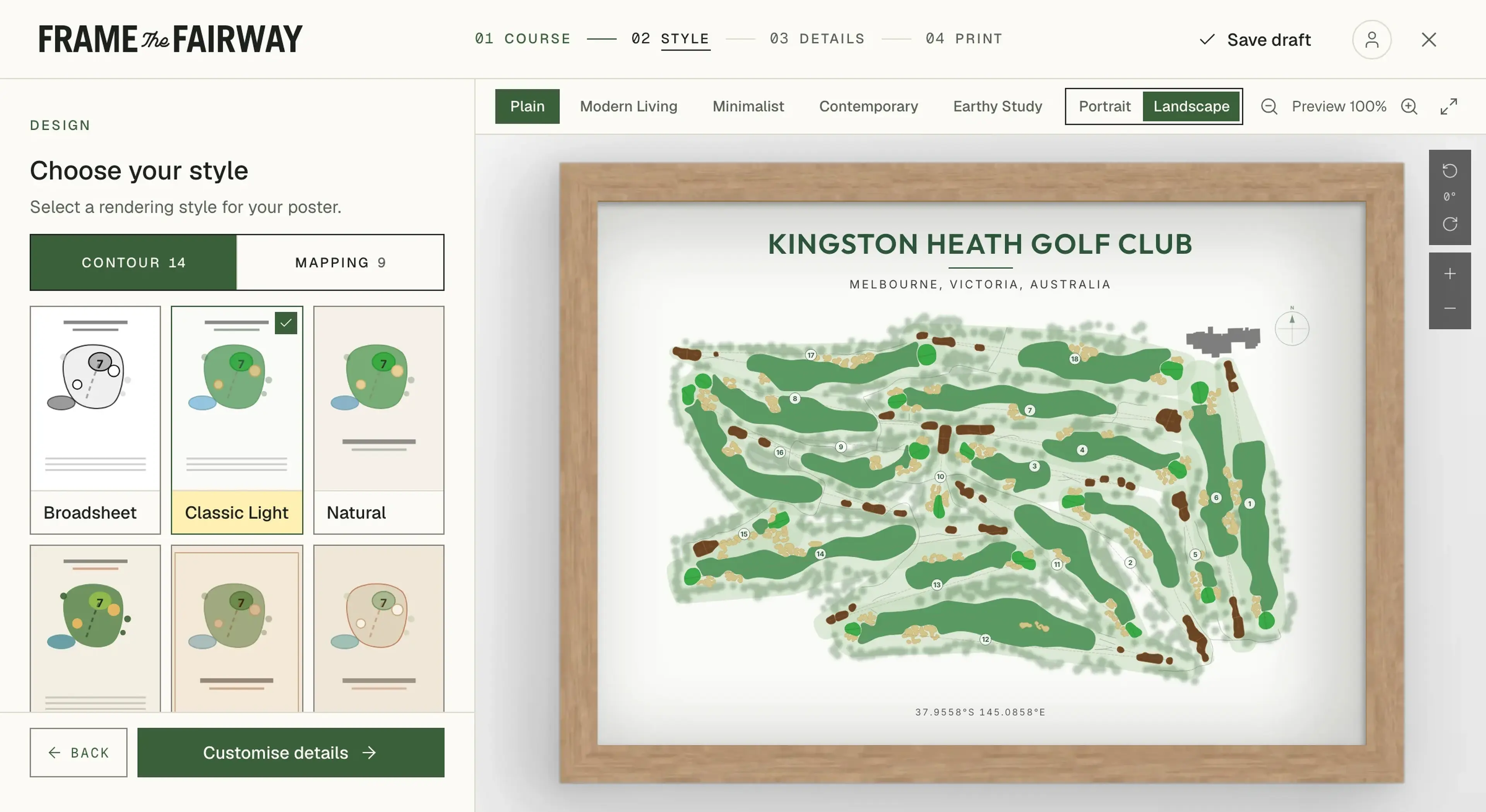 The style step of the editor: Kingston Heath in Classic Light, beside the grid of styles