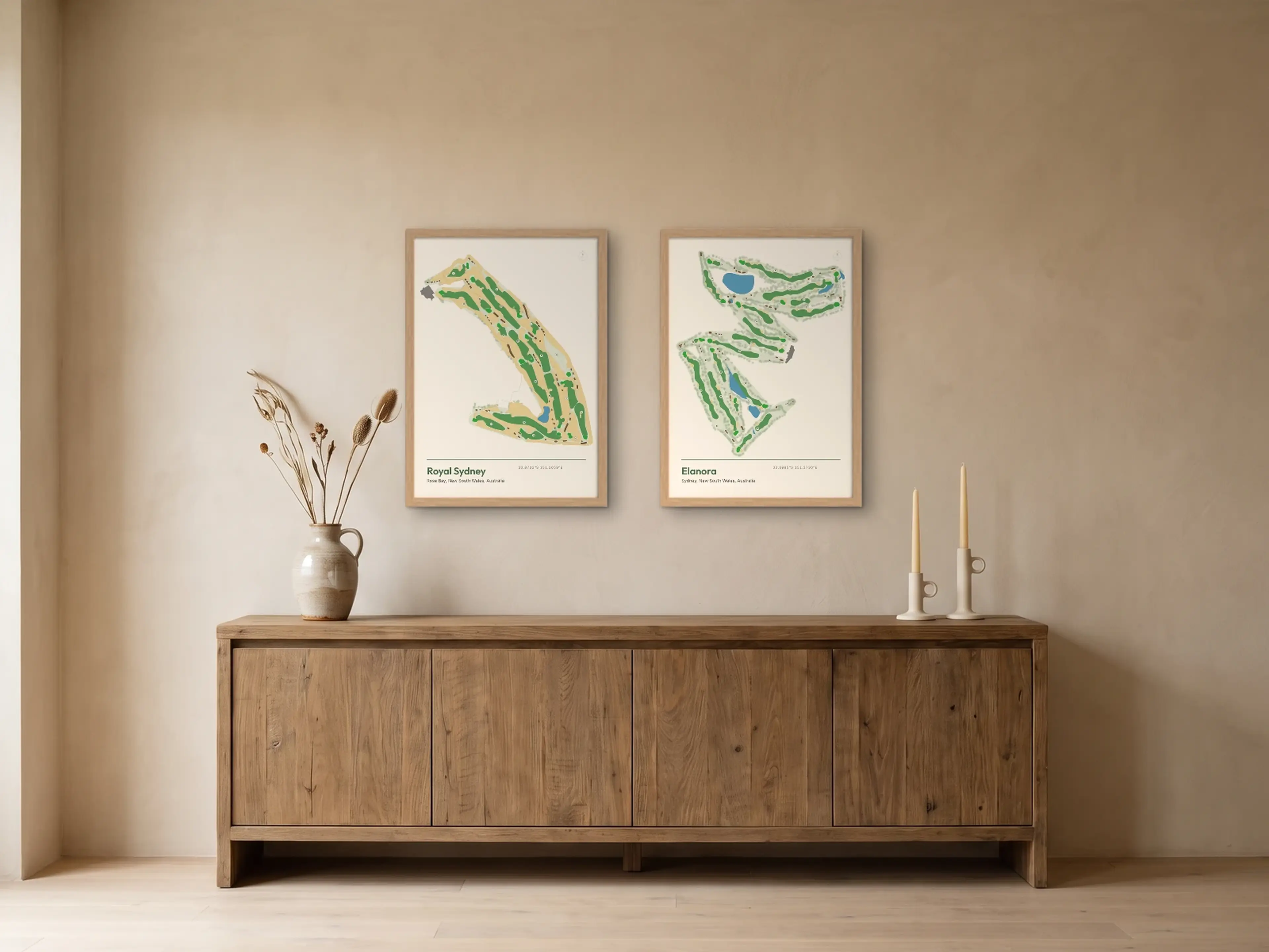 Royal Sydney and Elanora prints in matching Natural frames, hung side by side