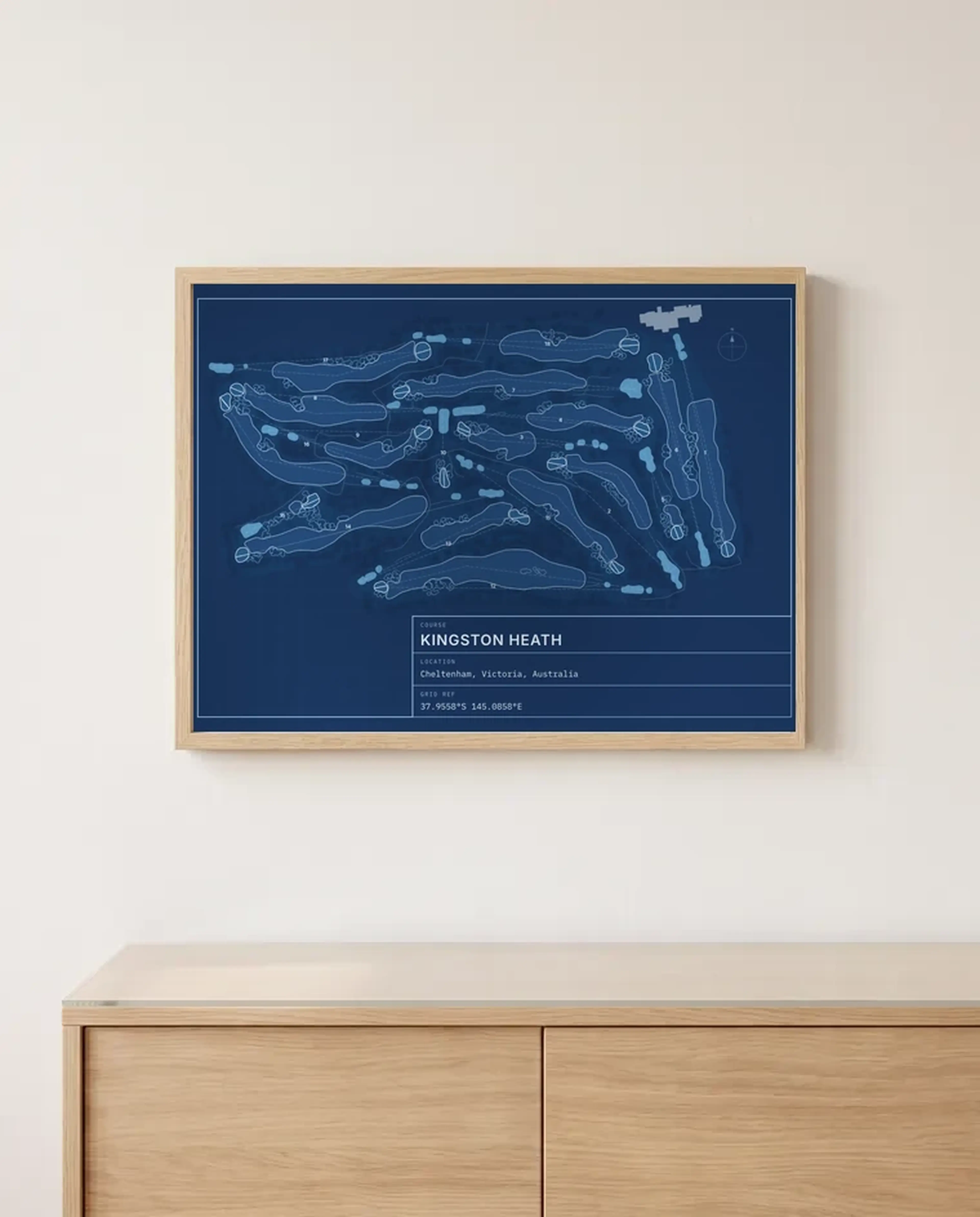 A Kingston Heath print in the Blueprint style, in a Natural frame above a sideboard