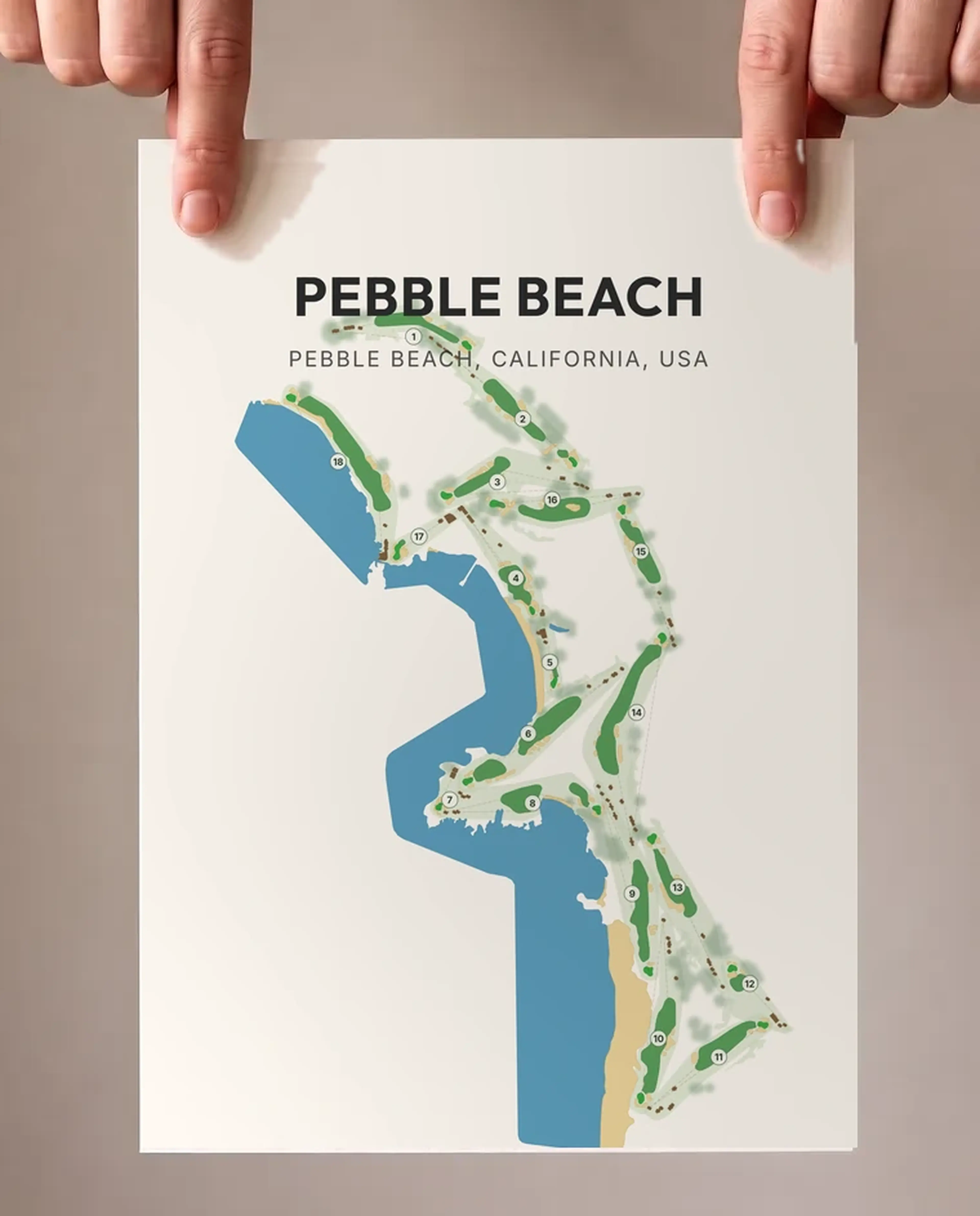 Hands holding an unframed Pebble Beach print in the Natural style