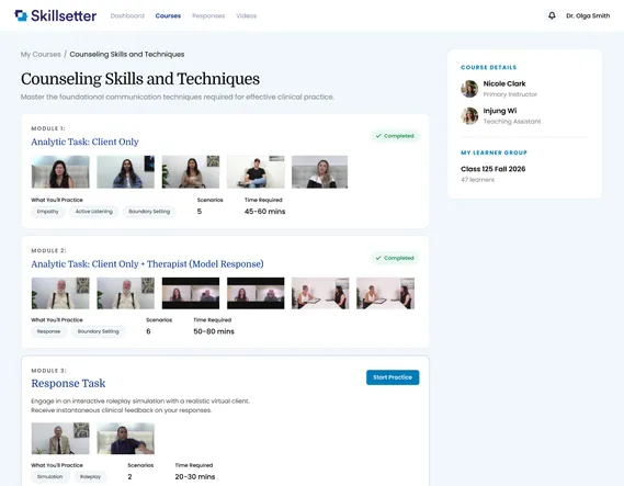 A Skillsetter course page listing practice modules for Counseling Skills and Techniques