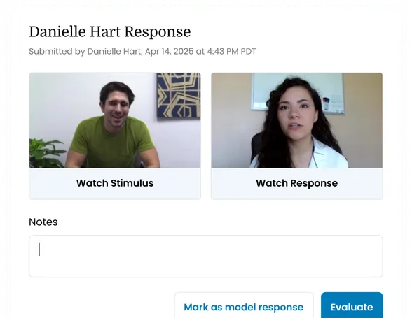 A submitted learner response in Skillsetter, showing the stimulus and response videos side by side with a notes field and an Evaluate action
