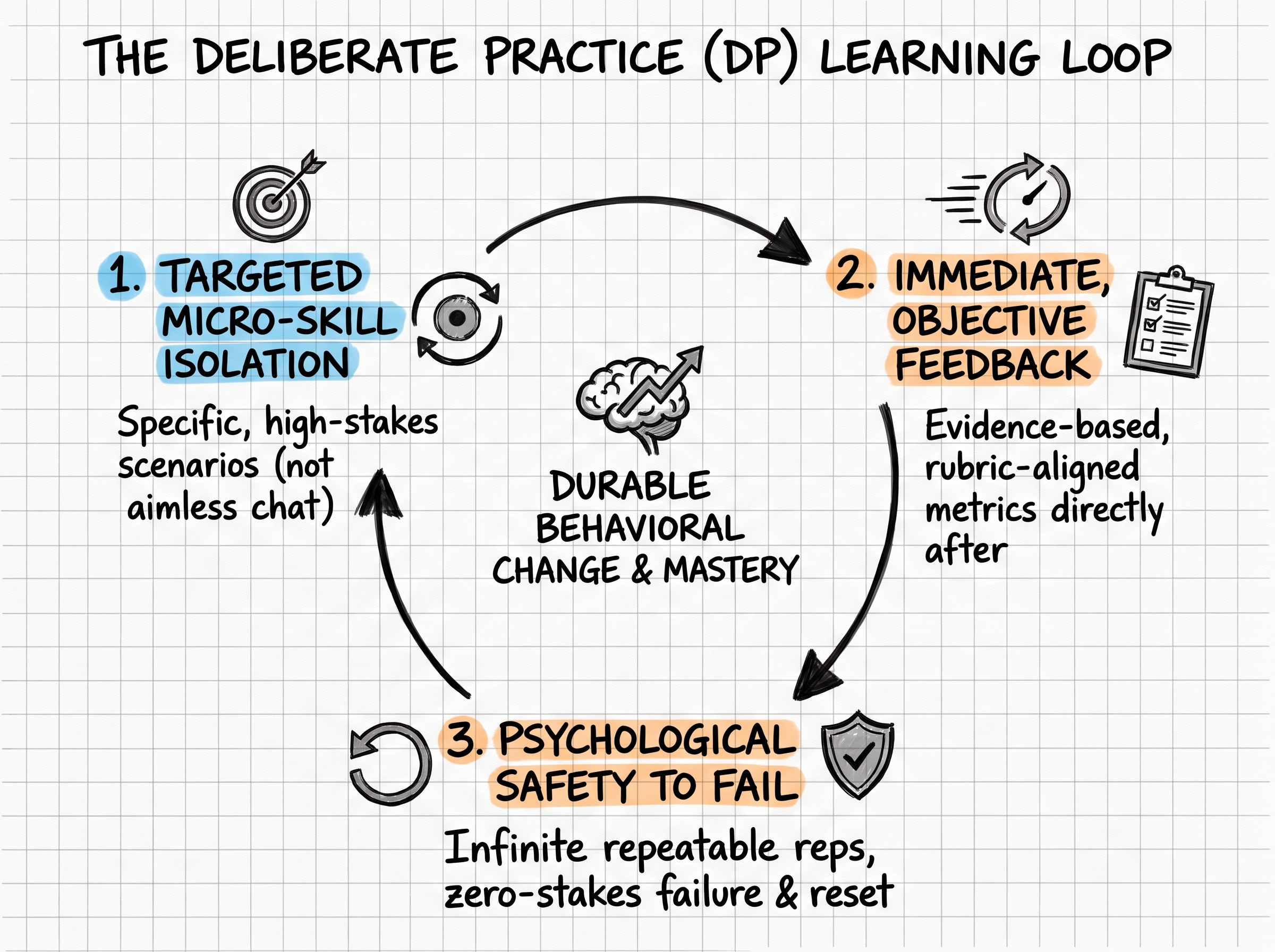 The deliberate practice learning loop: 1) targeted micro-skill isolation 2) immediate, objective feedback, 3) psychological safety to fail