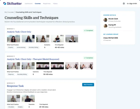 A Skillsetter course page listing practice modules for Counseling Skills and Techniques
