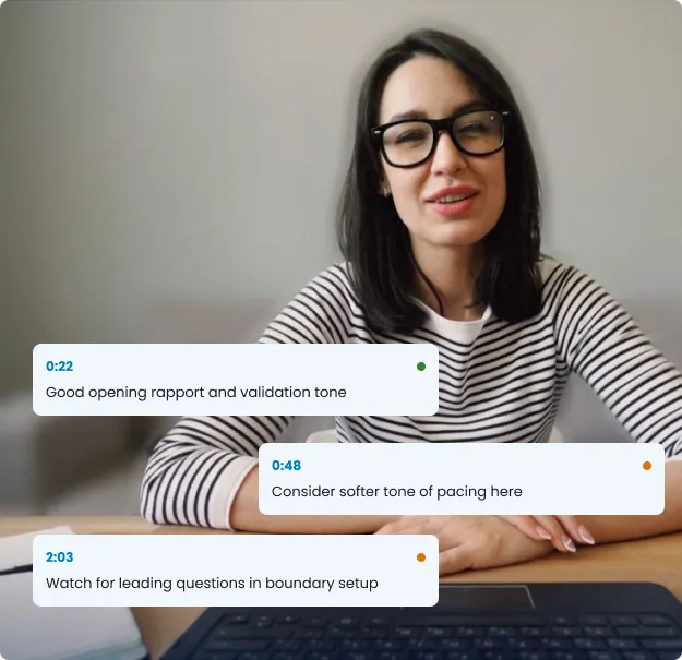 A recorded practice response with time-stamped instructor comments on rapport, pacing and boundary setting