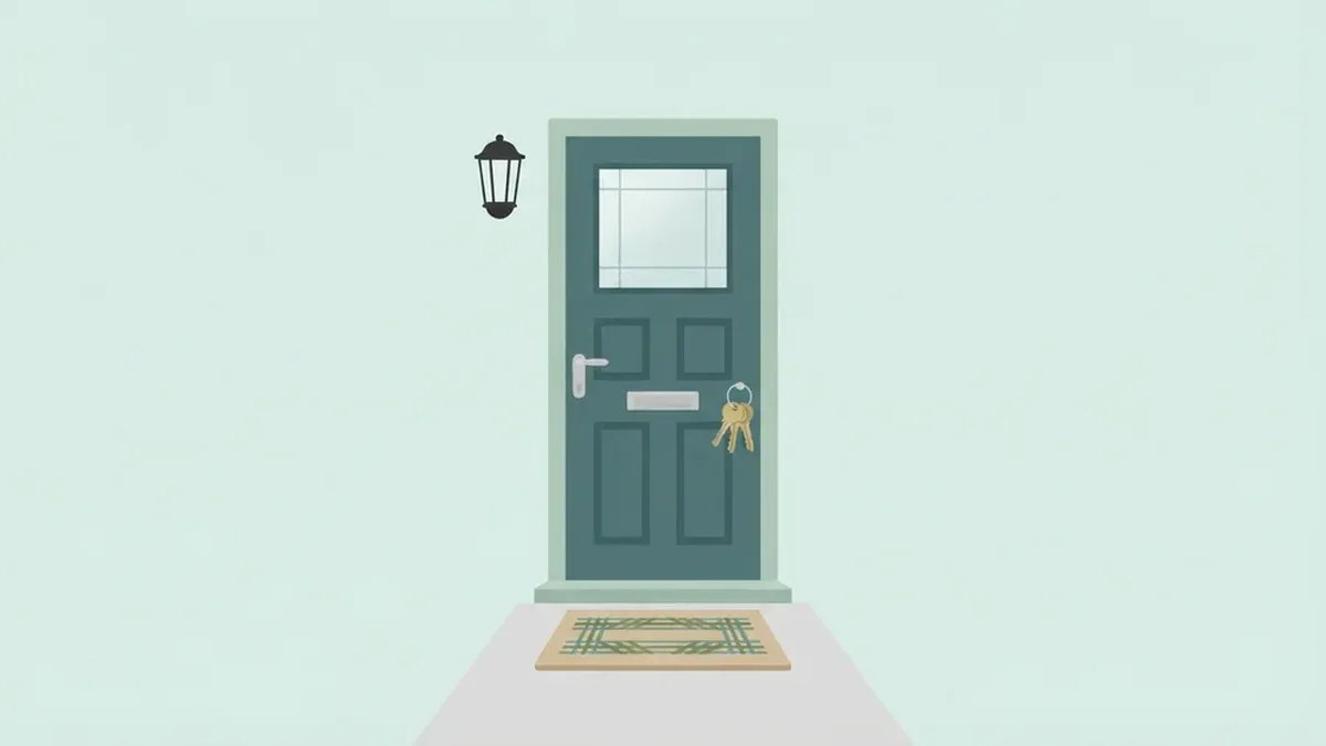 Illustration of a first home purchase with keys at the front door