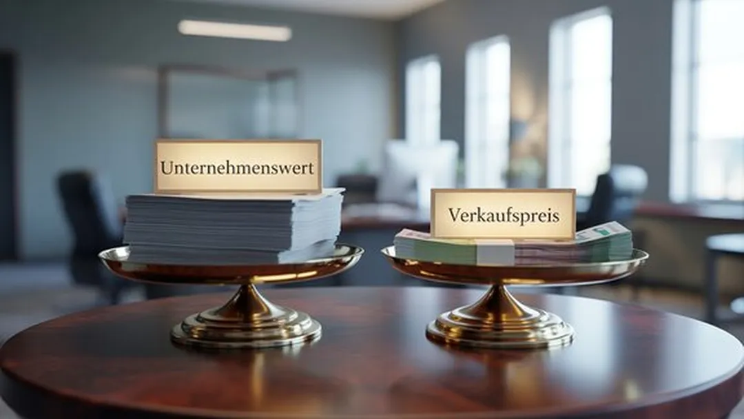 Zwei Waagen mit Dokumenten zu Unternehmenswert und Verkaufspreis