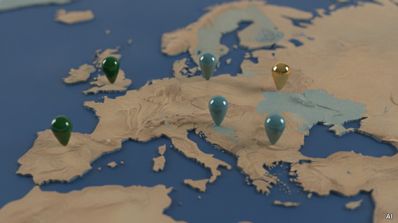 Farbige Stecknadeln auf einer Europakarte symbolisieren den Staedtevergleich.