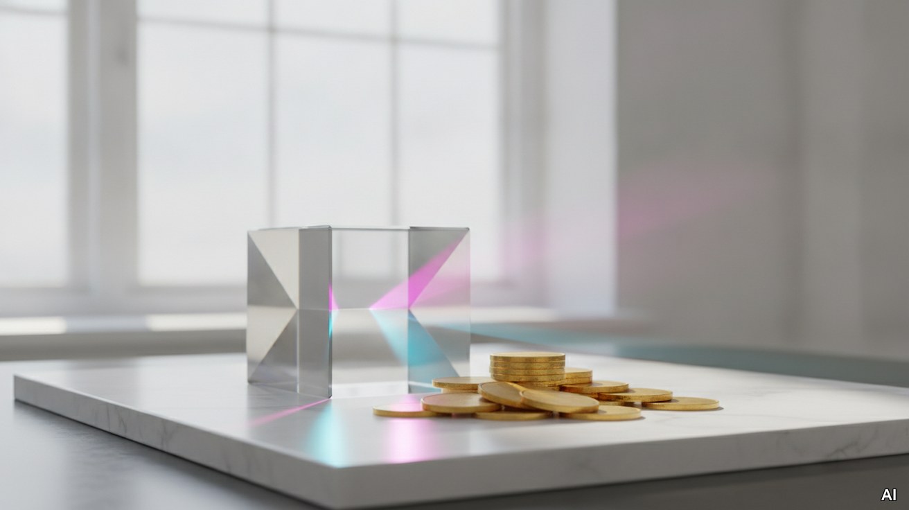 Ein Glasprisma bricht buntes Licht auf einen Stapel glänzender Goldmünzen.