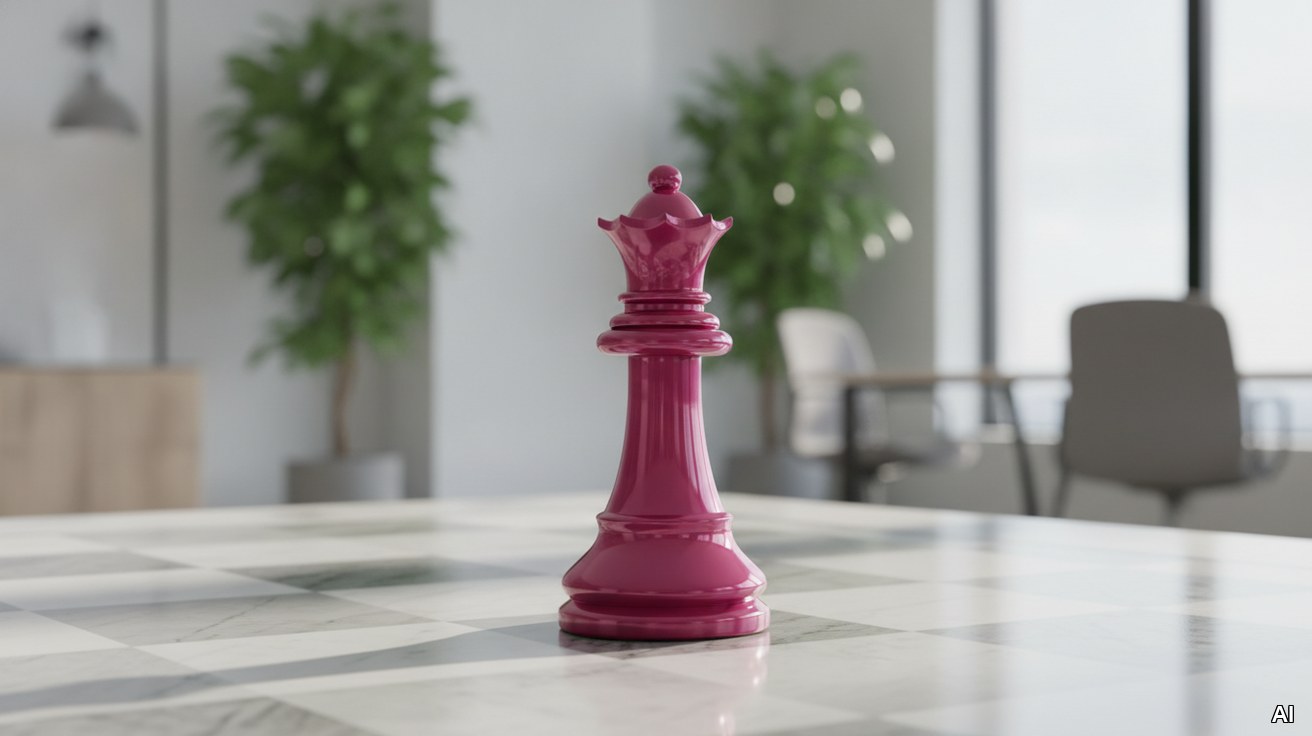 Eine leuchtend magenta Schachfigur auf einem hellen Marmorschachbrett.