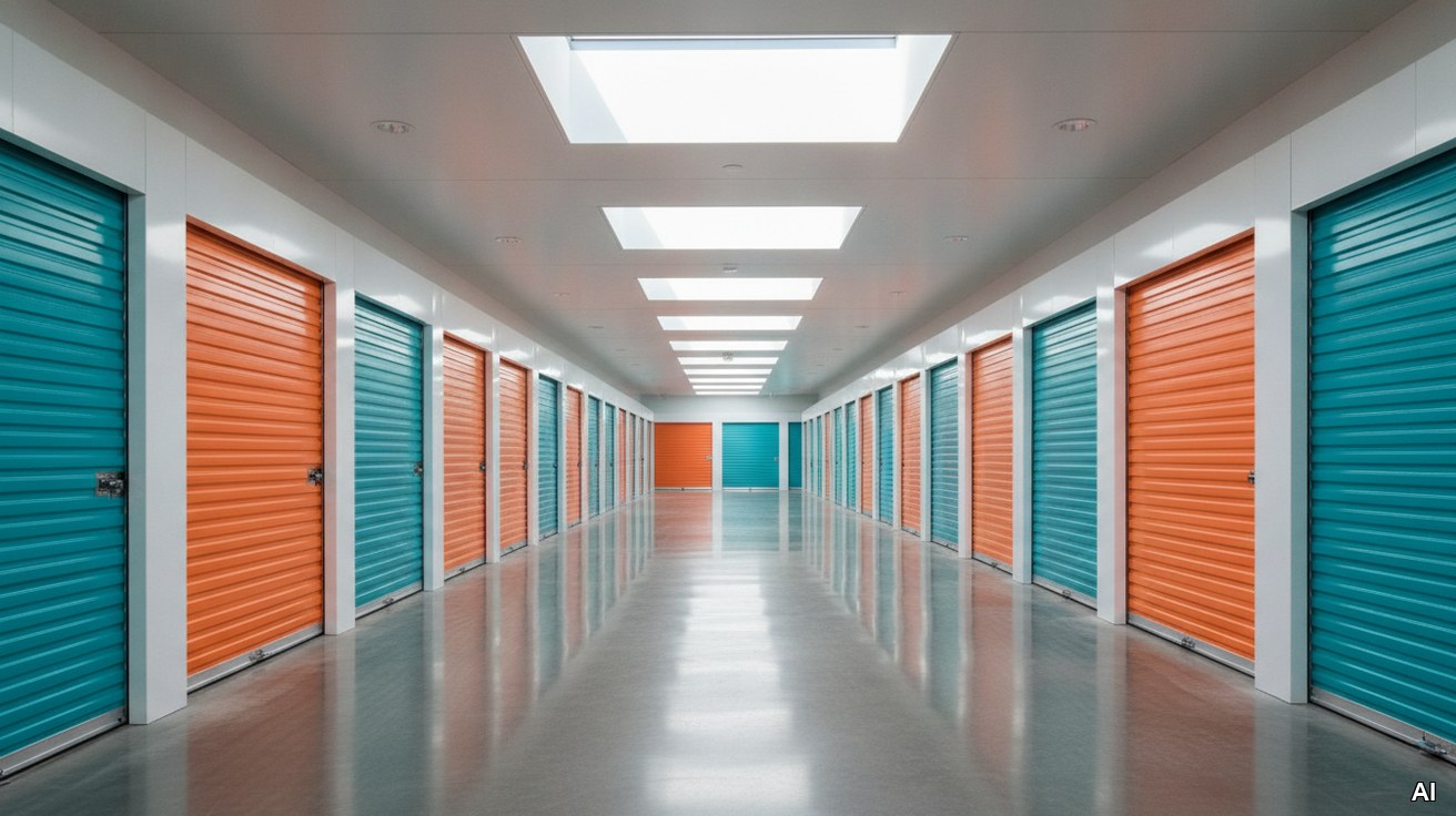 Moderne, hell erleuchtete Selfstorage-Lagerhalle mit farbigen Lagertüren