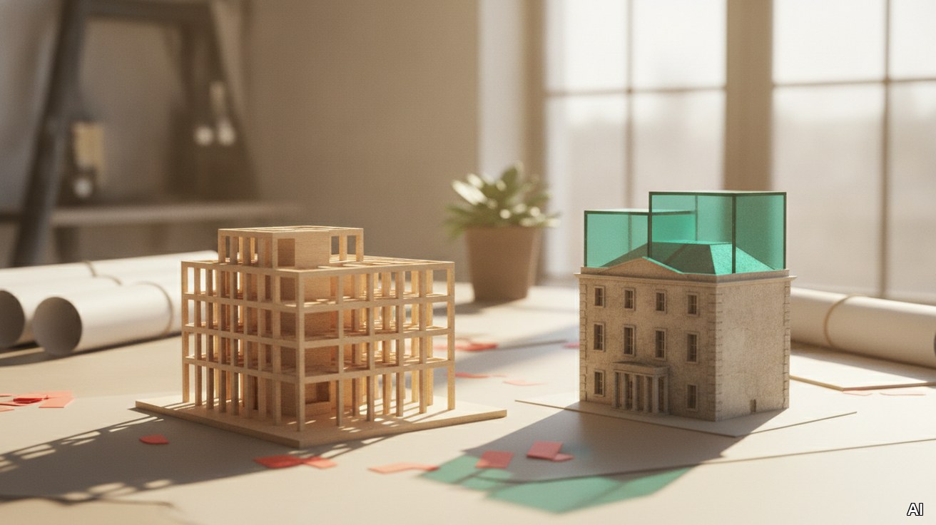 Zwei Architekturmodelle symbolisieren den Vergleich von Gründung und Nachfolge.