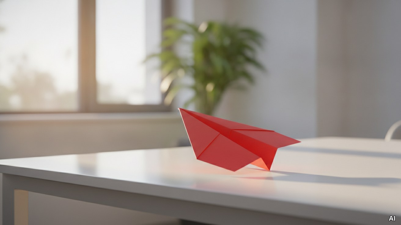 Ein rotes Papierflugzeug an einer Tischkante bereit zum Abflug.
