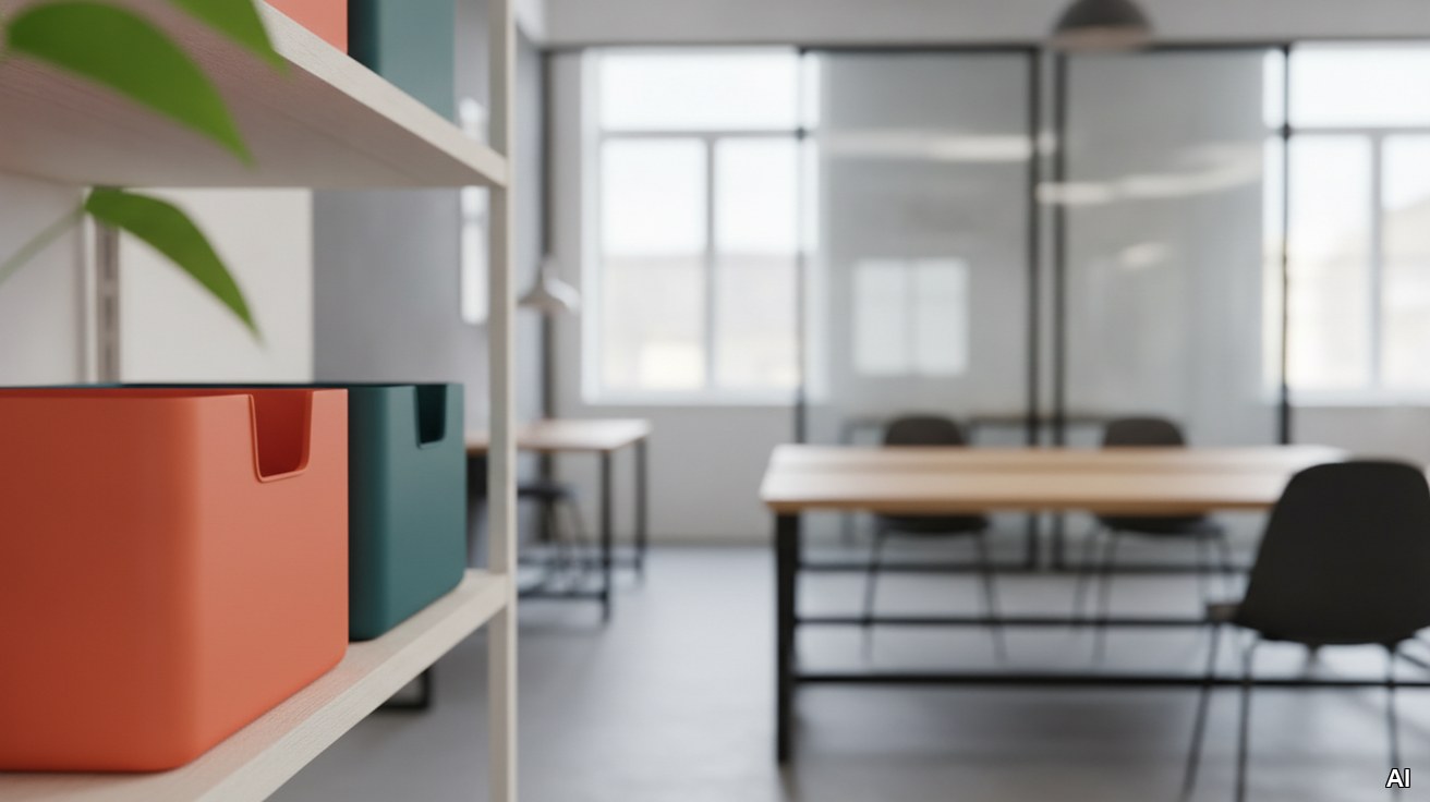 Farbenfrohe Aufbewahrungsboxen im sonnendurchfluteten Coworking-Space.
