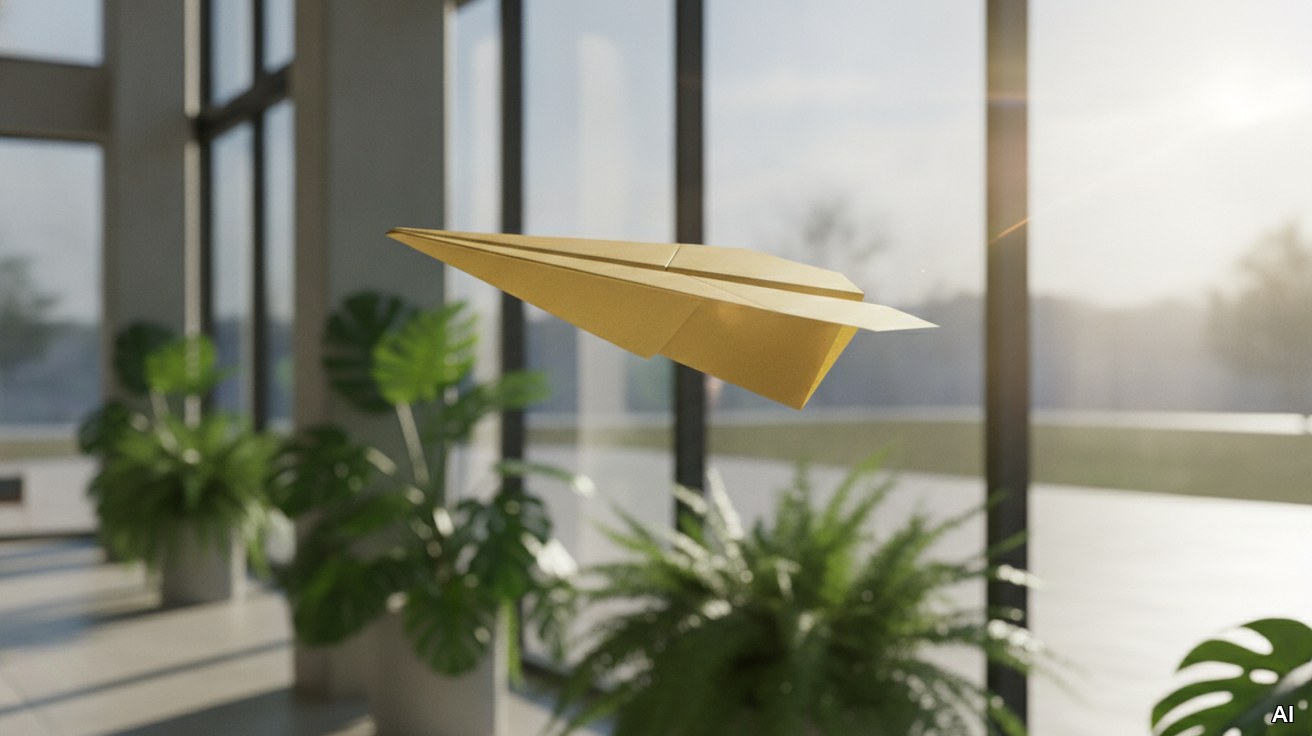Ein gelbes Papierflugzeug im Flug symbolisiert den Start in die Selbstständigkeit.
