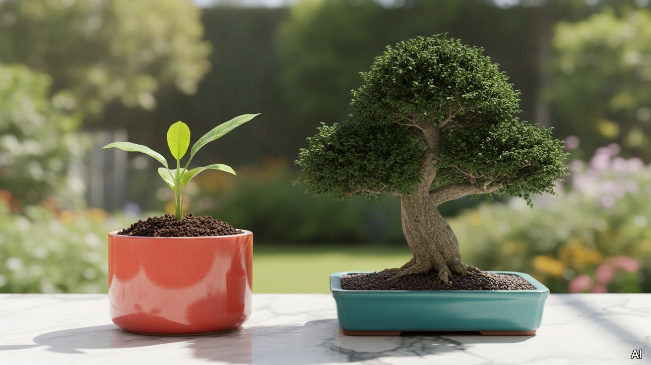 Junger Keimling und gewachsener Bonsai als Symbol fuer Startup und Nachfolge