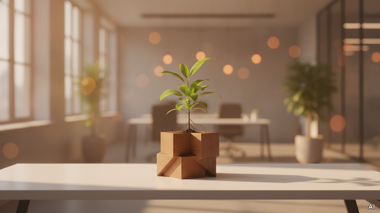 Junge Pflanze wächst aus einem Holzblock im sonnigen Büro.