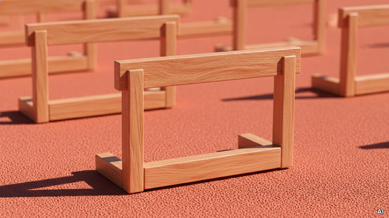 Kleine Hürden aus Holz auf einer roten Laufbahn als Symbol für Gründungshürden.