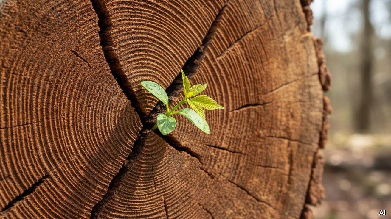 Ein neuer grüner Pflanzenkeim wächst aus einem Holzstamm mit Jahresringen.
