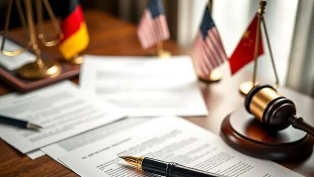 Dokumente, Kugelschreiber und kleine Länderflaggen mit Richterhammer auf dem Bürotisch