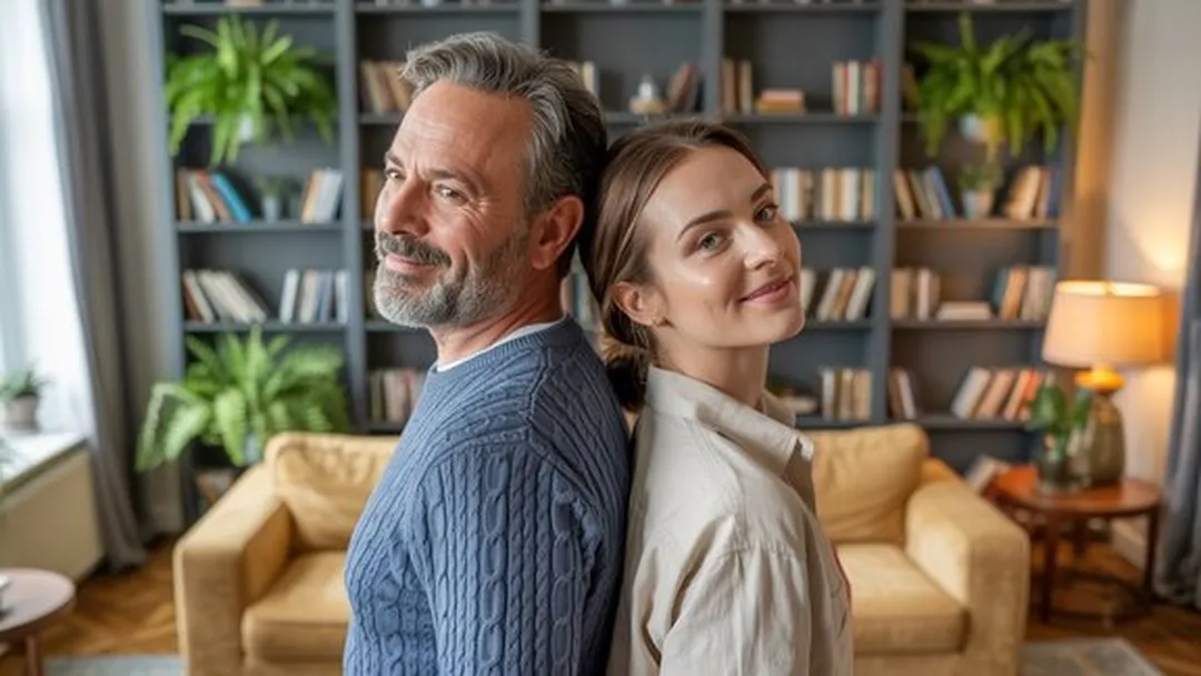 Vater und Tochter Rücken an Rücken im Wohnzimmer